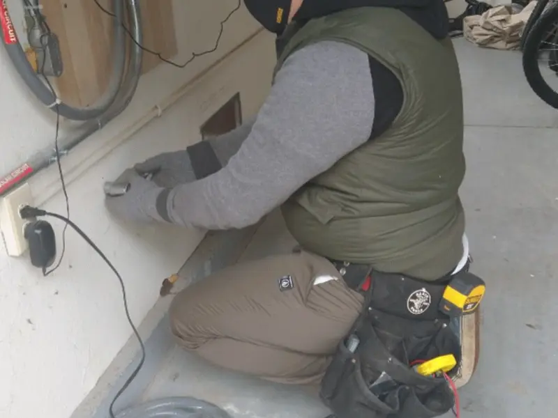 Electrician performing outlet wiring in a River Vale garage